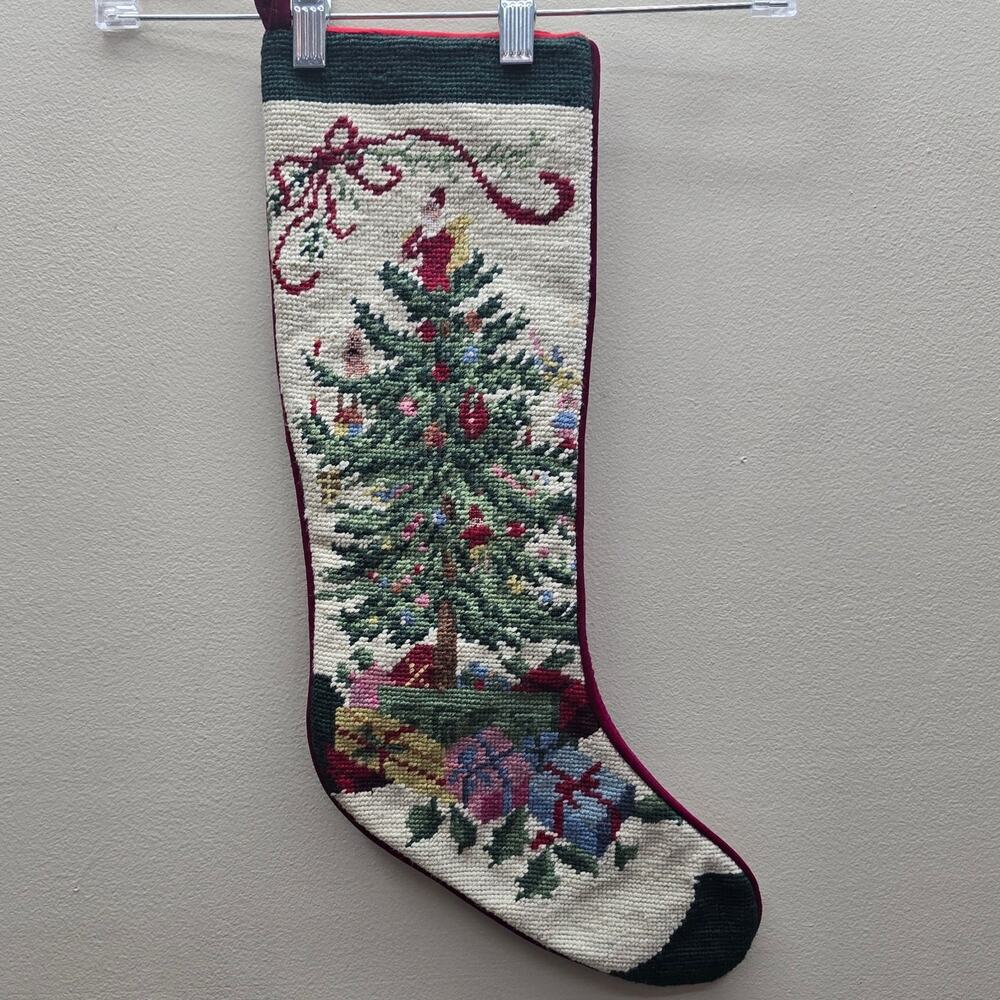 Vintage Wool Handmade Needlepoint Christmas Stocking Holiday Tree Velvet Back